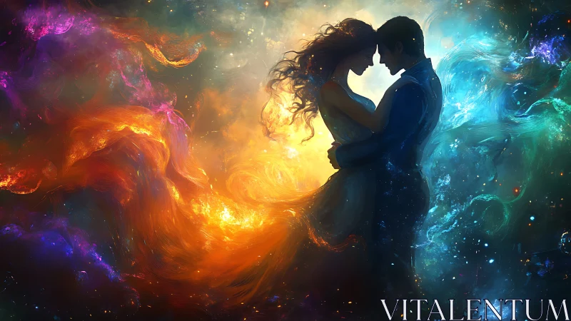Silhouetted Couple Embrace Within Chromatic Energy Field Gradient