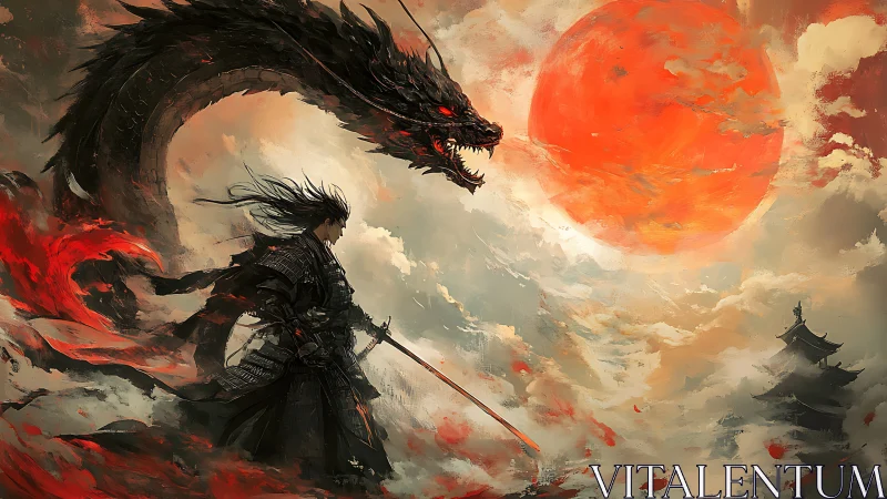 Crimson sun stares down samurai and storm-born dragon.