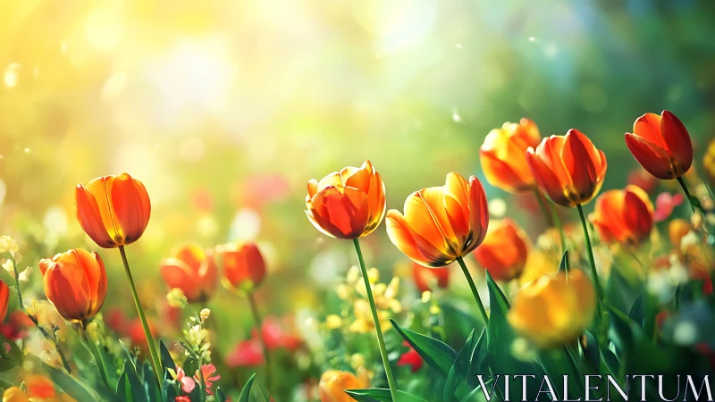 Sunlit tulip meadow glowing in dreamy spring radiance.
