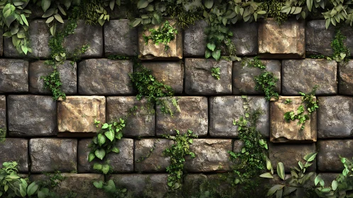 Stone block wall with climbing vegetation and foliage detail.