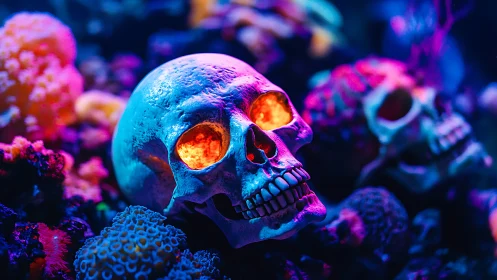Human skulls rest among coral-like forms under neon lighting