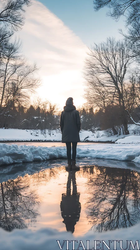 Solitary figure reflects by a winter river at soft sunrise