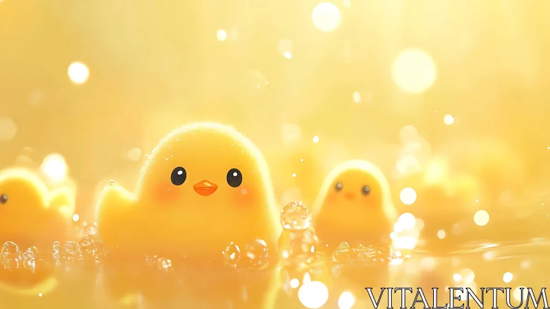 Golden bokeh rubber ducklings in luminous bathwater glow.