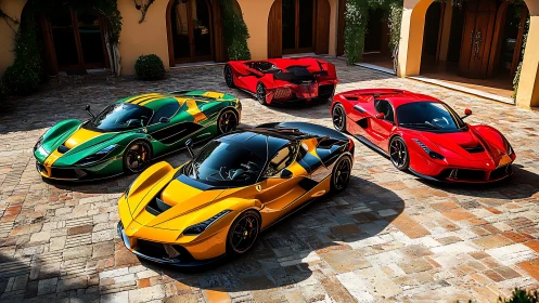 High-spec hypercars arrayed in sunlit Mediterranean courtyard.