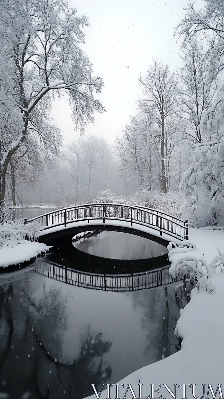 Photorealistic arched bridge across reflective winter river scene.