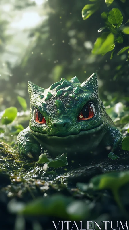 Curious green creature explores a lush forest floor