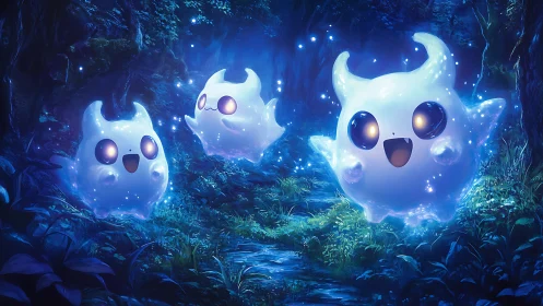 Glowing forest spirits drift through luminous moonlit clearing