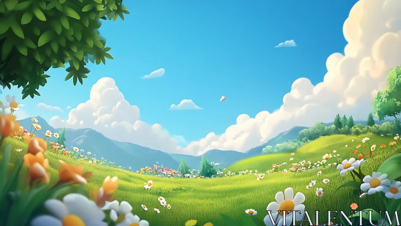 Sunlit wildflower meadow under bright summer sky.