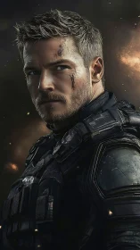 Battle-hardened space soldier stares ahead in smoky gloom