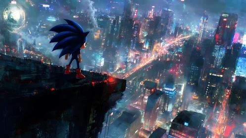 Blue speedster surveys neon cyberpunk skyline at night.