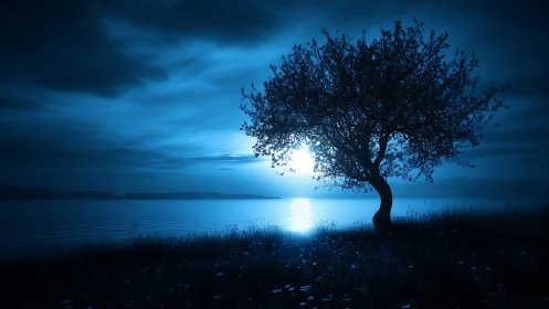 Soft moonlit tree welcomes a quiet blue lakeside night