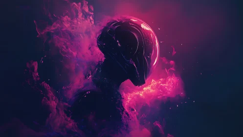 Neon sci fi helmeted figure in swirling pink smoke.