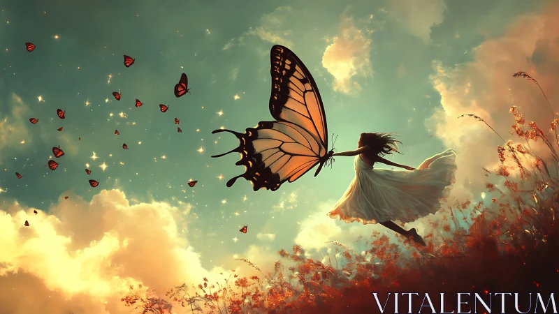 Girl in field suspended by oversized butterfly wing form.