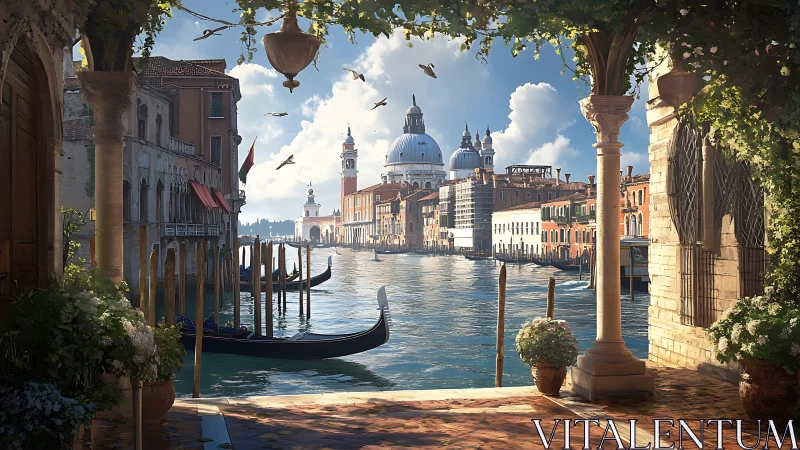 Sunlit Venetian canal terrace overlooks domes and gondolas