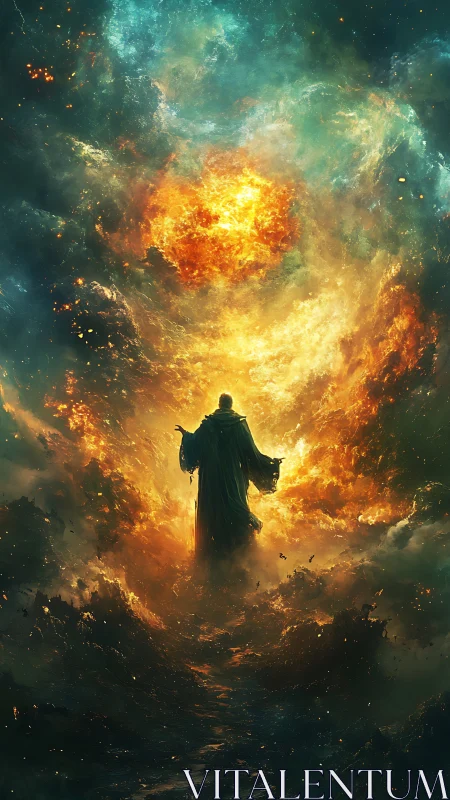 Robe figure walks into cosmic inferno of swirling fire.
