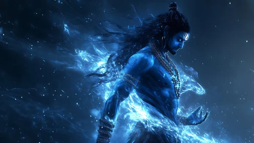 Stormforged blue deity walks through liquid starlight.