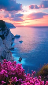 Coastal cliffs overlook calm sea at vivid sunset light