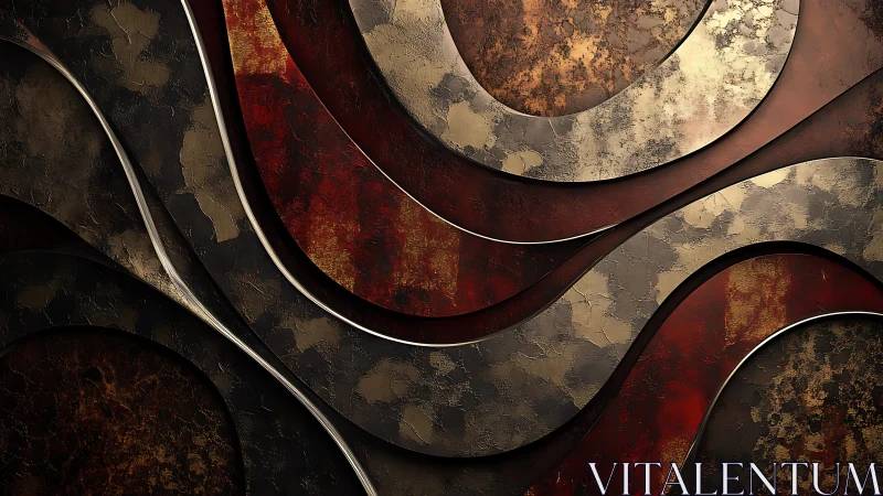 Layered metallic curves with distressed red textures.
