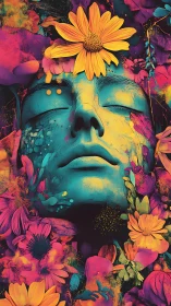 Fluorescent dreamer crowned in wild neon garden bloom.