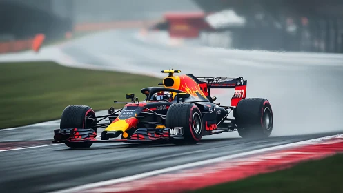 Formula race car accelerates through wet circuit corner