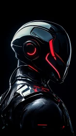 Futuristic armored humanoid profile with red illuminated visor.