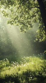 Sunlit woodland clearing with daisies and soft morning haze.
