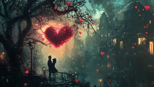 Silhouetted couple beneath glowing heart in gothic cityscape.