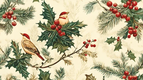 Watercolor songbirds amid holly and berries form festive repeat