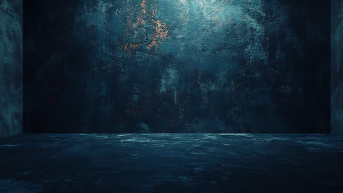 Cinematic dark concrete room with textured worn surfaces