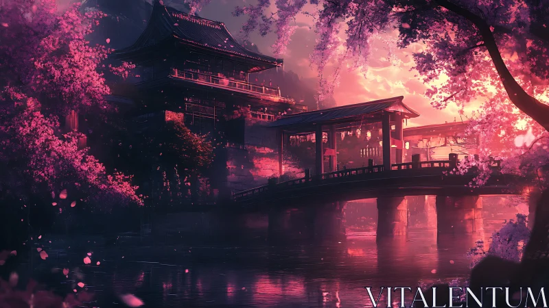 Bridge and traditional pavilion under pink blossom canopy.