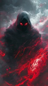 Hooded wraith emerging in swirling crimson stormscape.