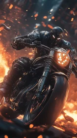 Cybernetic rider on infernal highway in dynamic 3D rendering.