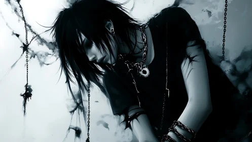 Monochrome emo character rendered with high-contrast digital shading