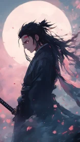 Moonlit swordsman in dynamic side profile with flowing garments