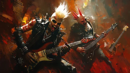 Cyberpunk punk band erupts onstage in neon inferno chaos.