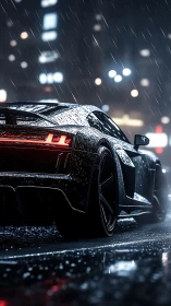 Sleek black supercar cuts through neon city rain at night