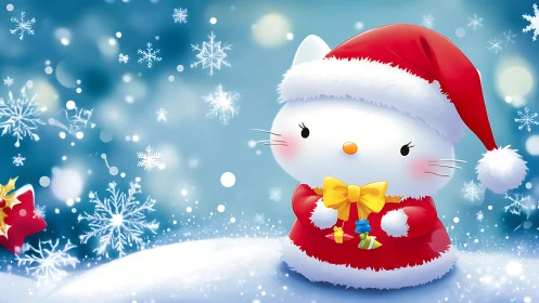 Kawaii winter cat in Santa costume, stylized anime illustration.