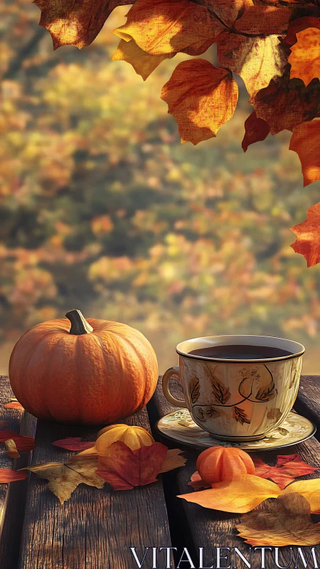 Rustic autumn tea with pumpkin on sunlit wooden table.