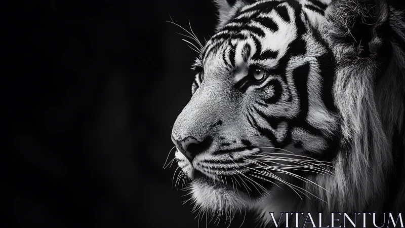 Monochrome tiger portrait with dramatic side lighting profile.