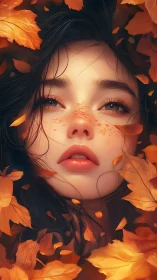 Golden autumn leaves cradle a dreamy freckled portrait