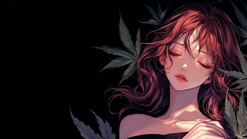 Peaceful red haired dreamer resting in soft leafy shadows.