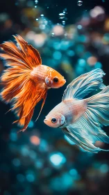 Vibrant betta fish glide through softly lit bokeh water