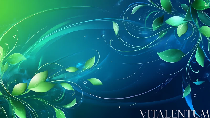 Abstract aqua-green foliage curls across a luminous gradient field