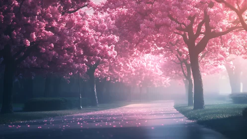 Dreamy cherry blossom path glowing in soft morning light.