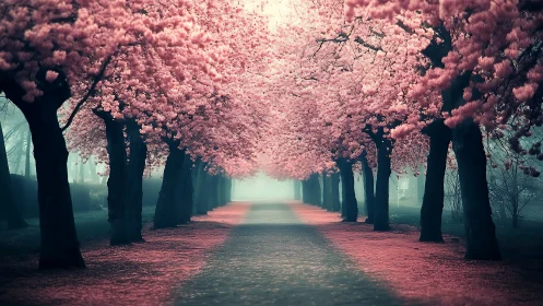 Misty cherry blossom avenue in soft cinematic perspective.