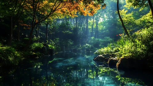 Sunlit forest pond invites calm reflection in lush greenery