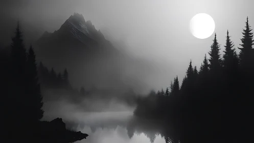 Monochrome mountain lake with forest silhouettes and moon.