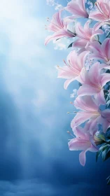 Pink lilies against blue sky gradient background