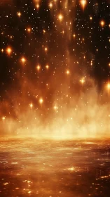 Golden reflective surface extends beneath dense glowing particles