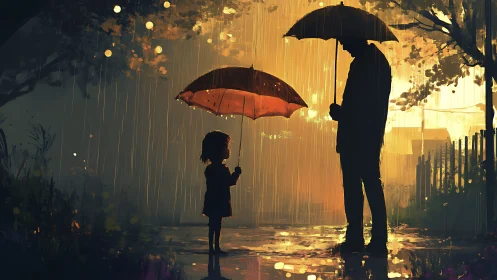 Silhouetted parent and child share umbrellas in warm rain glow